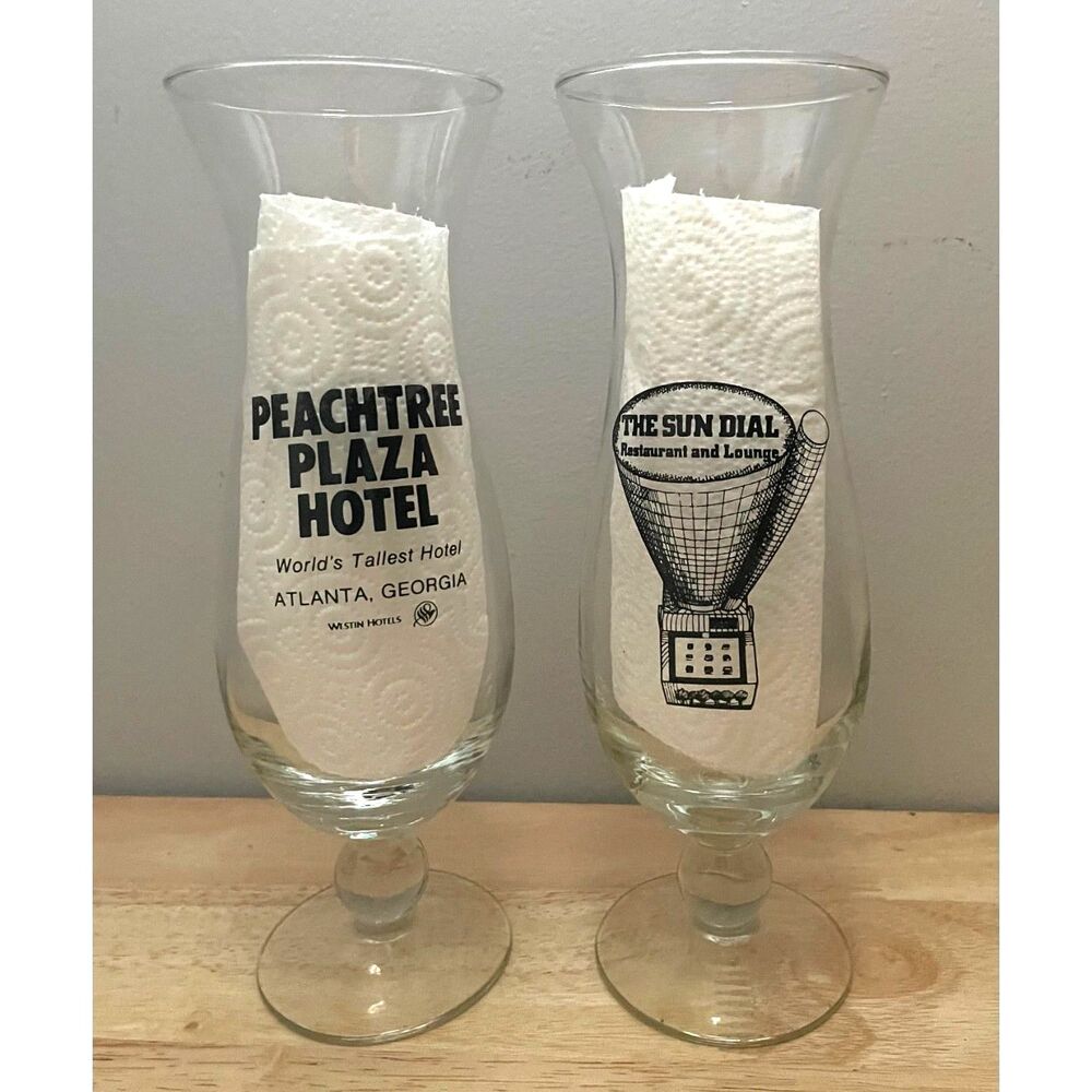 Vintage Westin Peachtree Plaza Atlanta Sun Dial Hurricane Glasses 10"h Set of 2